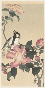 Mésange sur une branche avec des fleurs roses - Ohara Koson