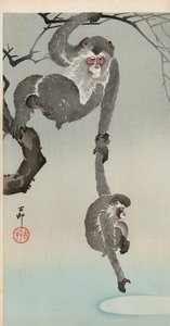 Singe et bébé atteignant le reflet de la lune - Ohara Koson