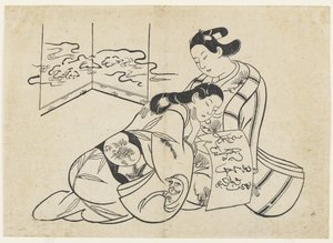 (Amants en mitate de Daruma traversant le Yangtsé sur un roseau) - Okumura Masanobu