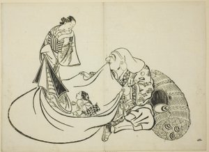 Daikoku révélant le contenu du sac de Hotei, n° 2 de la série de 12 estampes - Okumura Masanobu