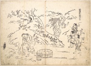 Un ramasseur de fagots trouve un garçon avec un moineau - Okumura Masanobu