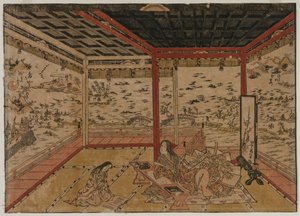 Lady Murasaki à Ishiyama surplombant un panorama avec sept vues du lac Biwa, années 1740