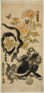 Lion et pivoines