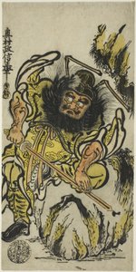 Shoki le Chasseur de Démons aiguisant son épée, vers 1725 (estampe sur bois colorée à la main; hosoban, urushi-e)