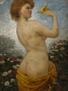 Femme nue avec un oiseau dans le vert