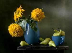 Fleurs et poires de la récolte