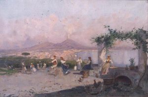 La baie de Naples avec des figures dansant au premier plan - Oscar Ricciardi