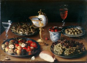 Nature morte avec coupe de nautile, fruits, noix et vin
