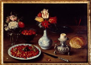 Nature morte avec vase de fleurs. Bouquets de tulipes et d