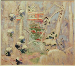 Paysage enneigé avec pont rouge