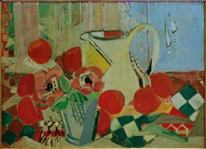 Nature morte avec cruche blanche et motif de carreaux