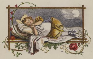 Petite fille endormie dans son lit la nuit (lithographie en couleur)