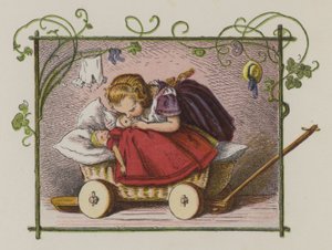 Petite fille embrassant ses poupées pour leur dire bonne nuit (lithographie en couleur)