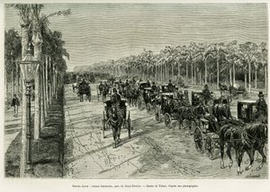 Buenos Aires, avenue Sarmiento, parc Trois Février. Gravure par Tofani, pour illustrer l