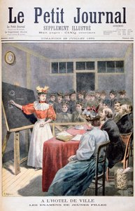 Jeunes filles passant des examens dans une mairie, France, 1895