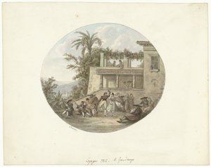 Danseurs sur une terrasse devant une auberge