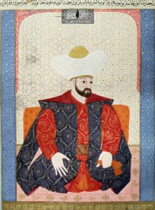 Empire ottoman : Portrait du sultan ottoman Murad I (1326-1389). Miniature du manuscrit « Zubdatat-al-Tawarikh » (Crème des Histoires) par l