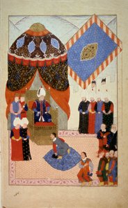 Empire Ottoman : Sultan Soliman (Suleyman) I dit le Magnifique (1520-1566) entouré de courtisanes. Miniature tirée de « Nuzhet el-Esrar el-Ahbar der Sefer-i Sigetvar » (Chroniques des campagnes de Szigetvár)