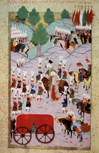 Représentation du Sultan Soliman I dit le Magnifique (1520-1566) et son armée. Miniature du « Hunername » par Lokman, vol. 1 (H 1523, f.7) 1584. Bibliothèque du Musée de Topkapi Sarayi, Istanbul
