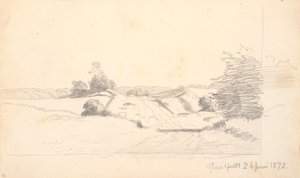 Un chemin de campagne avec quelques buissons au premier plan. En arrière-plan une lisière de forêt - P.C. Skovgaard