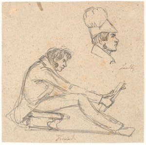 H.E. Freund assis sur un tabouret et regardant un dessin. En haut à droite, portrait de profil de J. Th. Lundbye.