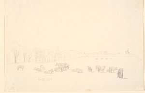 Vaches dans le champ, en arrière-plan le moulin de Tagens - P.C. Skovgaard