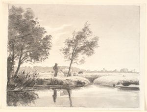 Paysage avec champs, arbres, vaches et un fermier se reflétant dans l