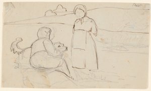 Garçon assis avec un chien et une fille debout dans un paysage - P.C. Skovgaard