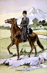 Carte postale représentant un cosaque du Terek, c.1914 (lithographie en couleur) - P. (after) Dmitroff