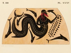 Impression de la décoration sur une amphore grecque, montrant Poséidon accompagné de dauphins, vers 1858 - P. Bineteau