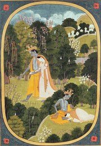 Radha et Krishna marchant dans un bosquet