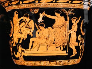 Cratère à clochettes à figures rouges des Pouilles : Apollon purifie Oreste avec le sang d
