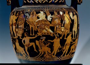 Crater à volutes à figures rouges attiques, détail de la scène des acteurs et musiciens se préparant pour une représentation devant Bacchus et Ariane, grec, de Ruvo, 5ème siècle av. J.-C.