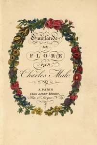 Page de titre calligraphique dans une couronne florale de roses, tulipes et autres fleurs - Pancrace (after) Bessa