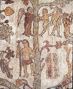 Adam et Ève chassés du Paradis terrestre, mosaïque de Pantaleone, prêtre et mosaïste. 1163-1166. Nef centrale de la cathédrale d