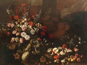Nature morte avec fleurs, fruits, champignons et oiseaux - Paolo Porpora