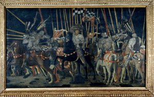 La contre-attaque de Micheletto da Cotignola (La bataille de San Romano). Deuxième épisode illustrant la contre-attaque de Micheletto da Cotignola. Peinture de Paolo di Dono dit Paolo Uccello (1397-1475)