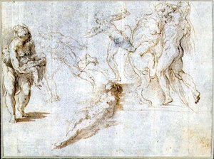 Études de figures : femme tenant un bébé ; homme poursuivi par un autre ; femme nue allongée sur le sol ; Hercule et le lion de Némée