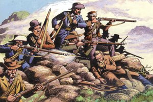 1880, Boers du Transvaal combattant à Majuba Hill pendant la première guerre des Boers (gouache sur papier)
