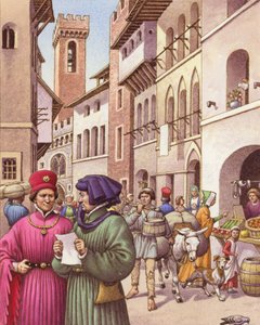 Scène de rue typique à Florence au début du XVe siècle (gouache sur papier) - Pat (1907-95) Nicolle