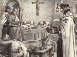 Godefroy de Bouillon observe les moines bénédictins qui soignent les blessés (gouache sur papier)