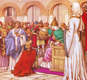 En 610, Brunehilde, reine des Burgondes, expulse Colomban pour avoir prêché contre le luxe de sa cour - Pat (1907-95) Nicolle