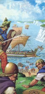 Les Romains envahissant la Grande-Bretagne (lithographie couleur)