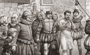 Le roi Henri III de France faisant pénitence en marchant dans les rues de Paris en cilice tout en étant fouetté (gouache sur papier)