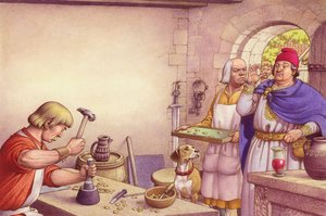 Le roi Offa examine les pièces de monnaie fabriquées à la Monnaie royale de Mercie (gouache sur papier) - Pat (1907-95) Nicolle