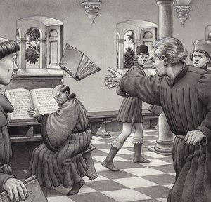 Poggio Bracciolini jette un livre sur un confrère, Tortelli (gouache sur papier)