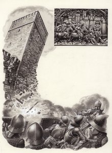 Soldats espagnols faisant sauter des fortifications avec de la poudre à canon (gouache sur papier) - Pat (1907-95) Nicolle