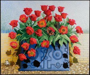 Getting There, 2011 (acrylique sur calicot) fleurs ; tulipes ; nature morte ; jardinière ; crapaud ; grenouille ; papillons ; - Pat Scott