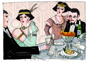 Illustration représentant un dîner mondain dans "Gatsby le Magnifique" de l