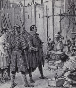 Guillaume le Conquérant supervisant la construction de la Tour de Londres (lithographie)